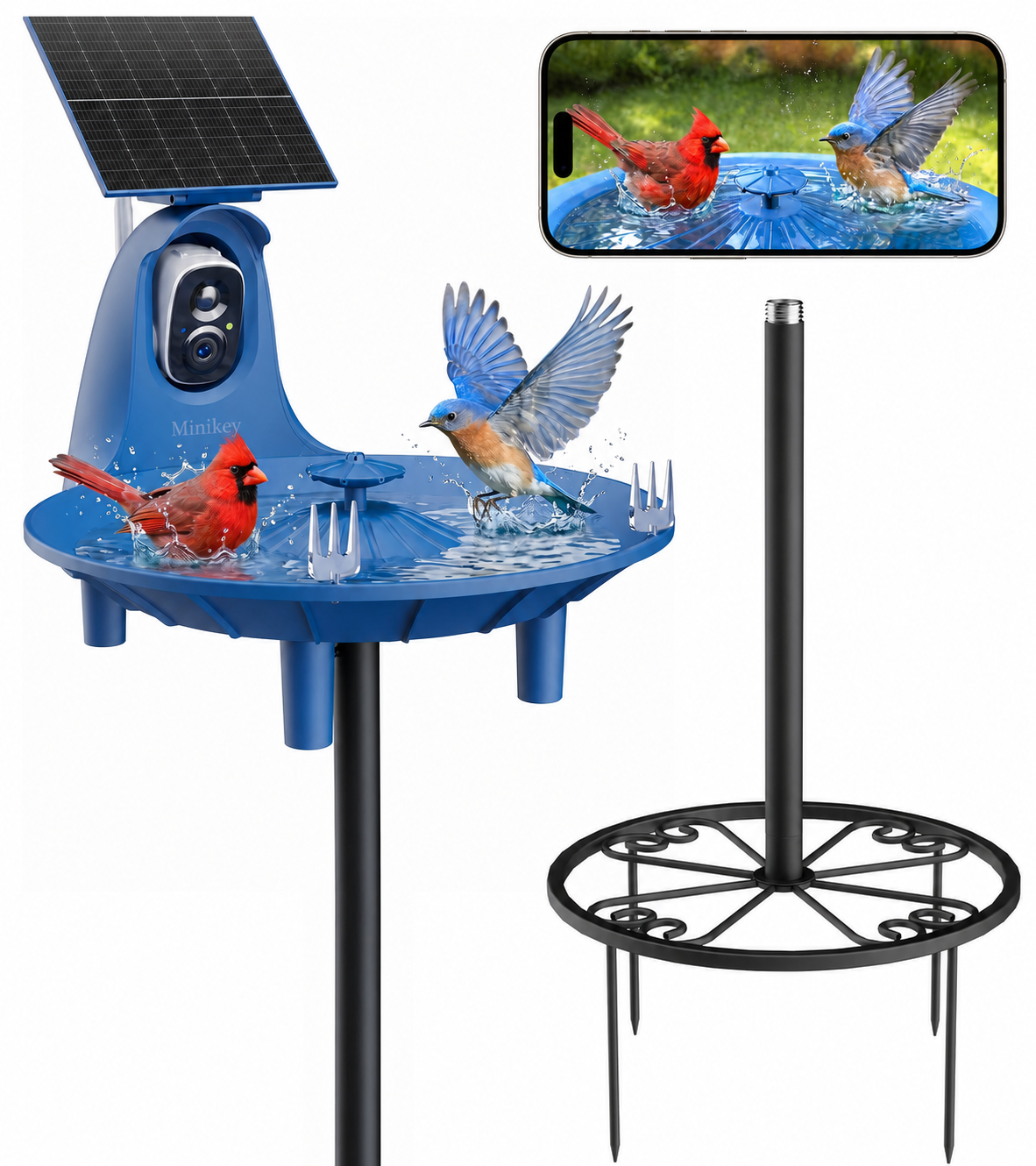 Minikey Solar Bird Bath with 2K Camera, Smart Birdhouse Fountain Outdoor
